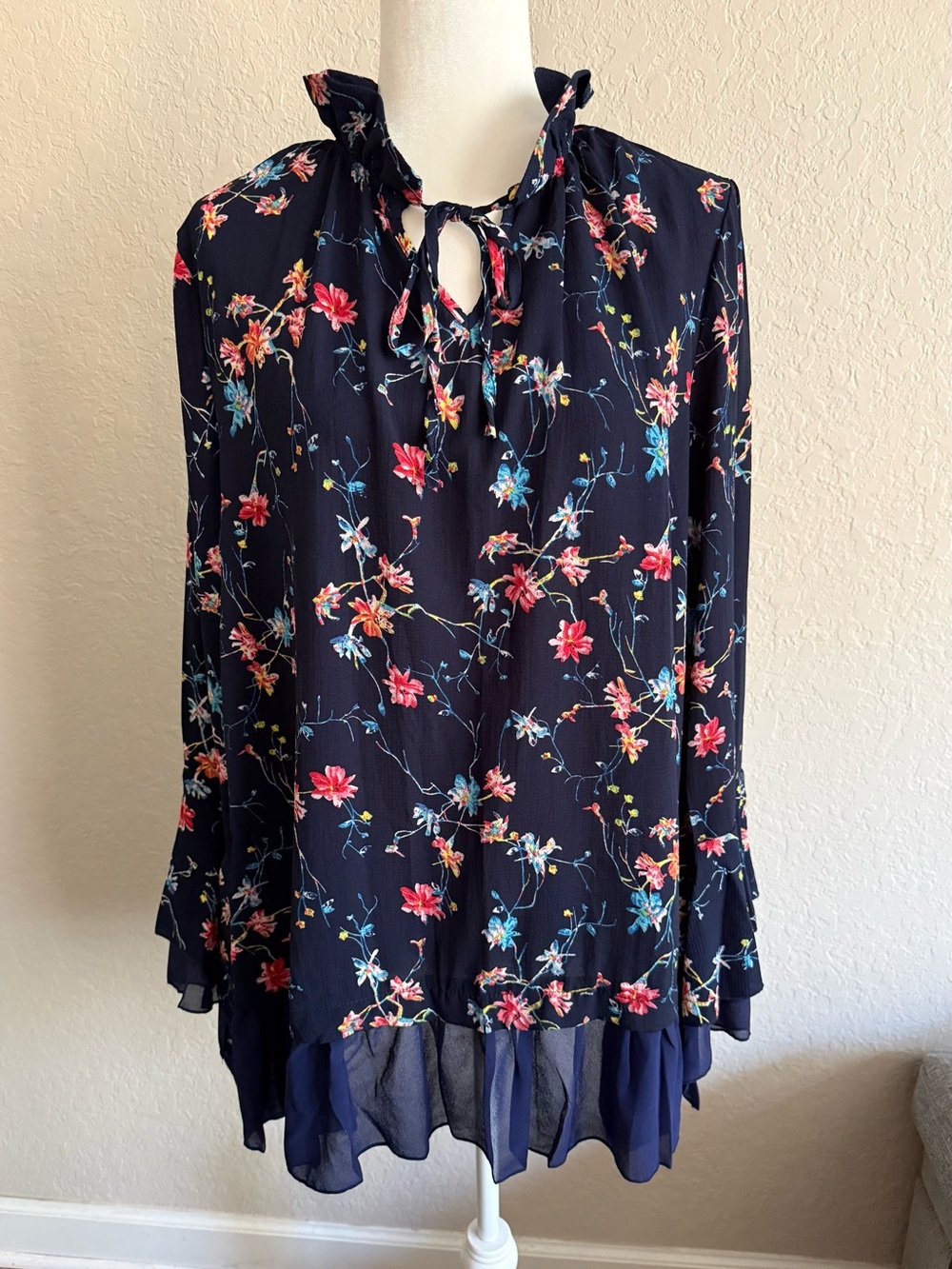 Umgee Navy Floral Ruffle Tie Neck Boho Mini Dress NWT Medium